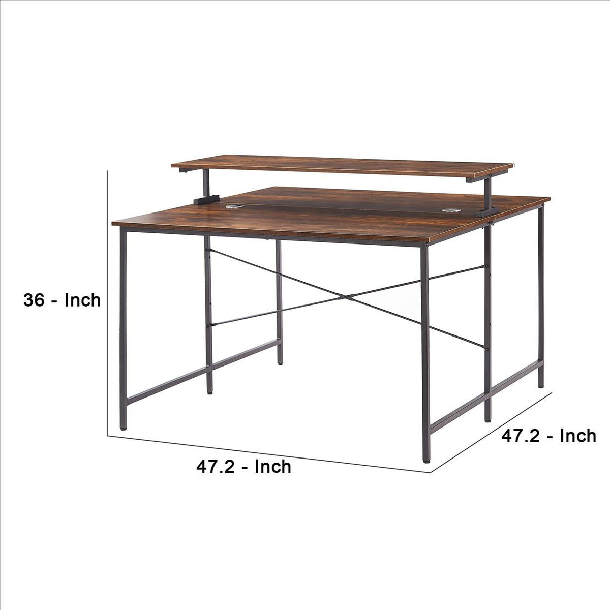 Office Desk with Double Workstations and Monitor Shelf, Brown and Black - BM261353