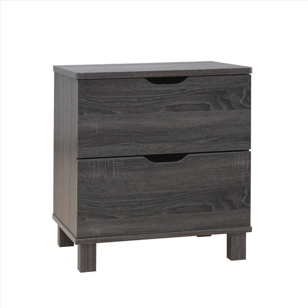 Nightstand with 2 Drawers and Cut Out Pulls, Distressed Gray - BM261492