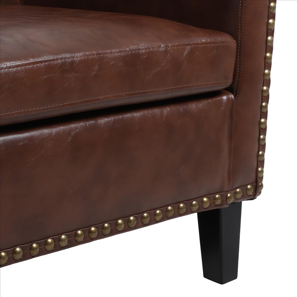 Leatherette Accent Chair with Nailhead Trim and Diamond Stitch, Brown - BM261573