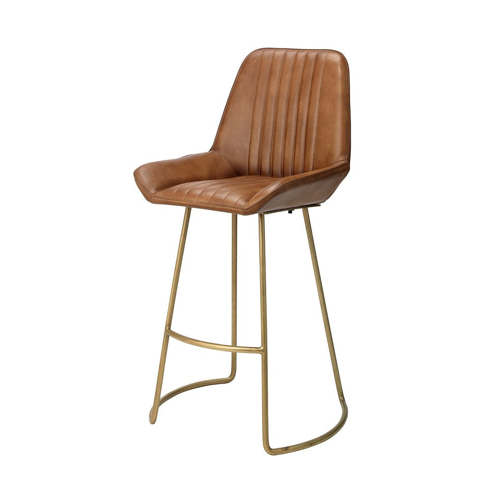 Counter Stool with Leatherette and Metal Sled Base, Brown and Brass - BM263639