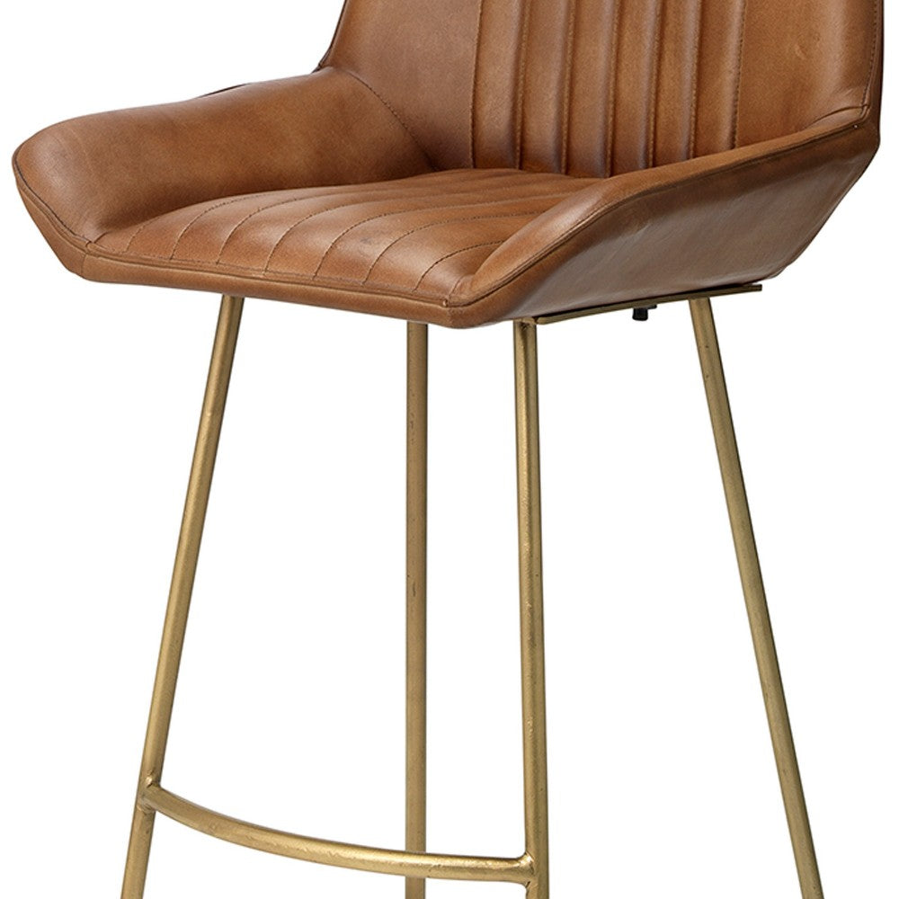 Counter Stool with Leatherette and Metal Sled Base, Brown and Brass - BM263639