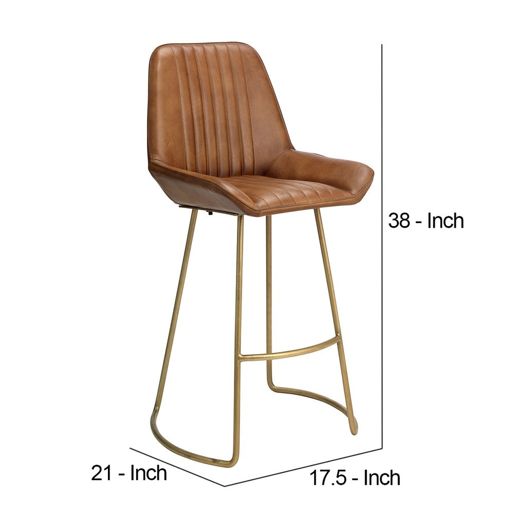 Counter Stool with Leatherette and Metal Sled Base, Brown and Brass - BM263639