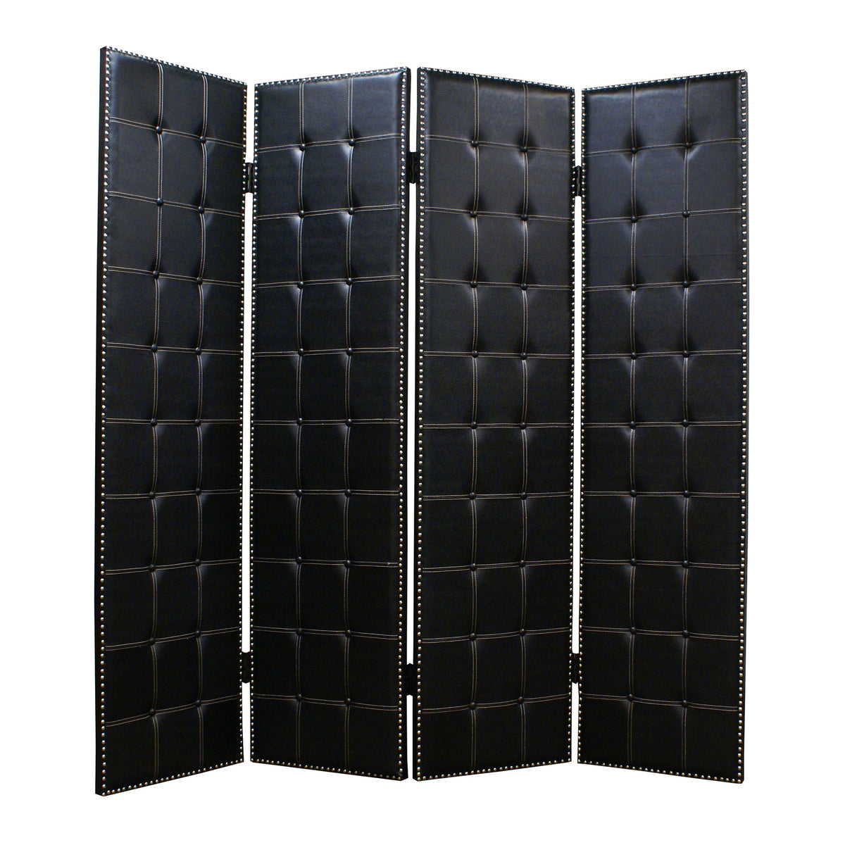 Wooden 4 Panel Screen with Button Tufting and Nailhead Trims, Black - BM26463