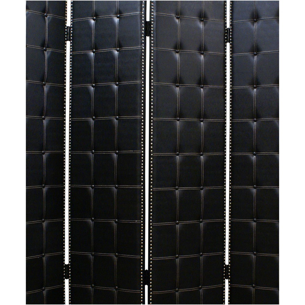 Wooden 4 Panel Screen with Button Tufting and Nailhead Trims, Black - BM26463