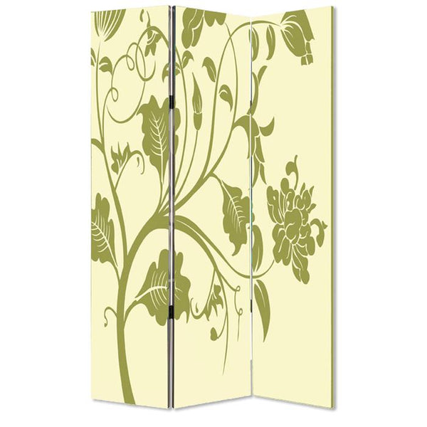 3 Panel Room Divider with Stems and Flower Pattern, Cream and Green - BM26494
