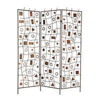 Foldable Metal Screen with Geometrical Design and 3 Panels, Brown - BM26500