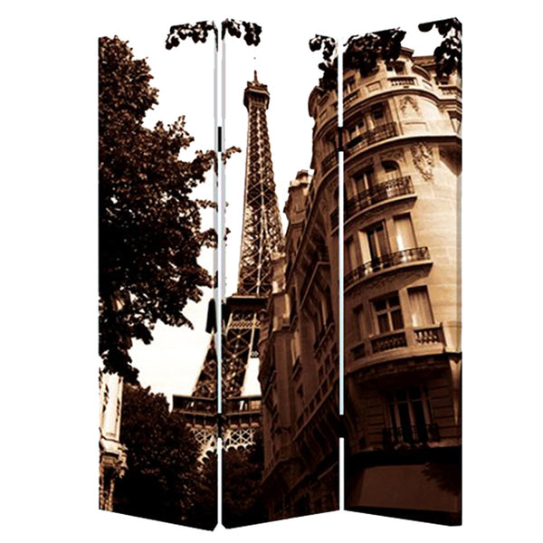 3 Panel Foldable Canvas Screen with Eiffel Tower Print, Brown - BM26510