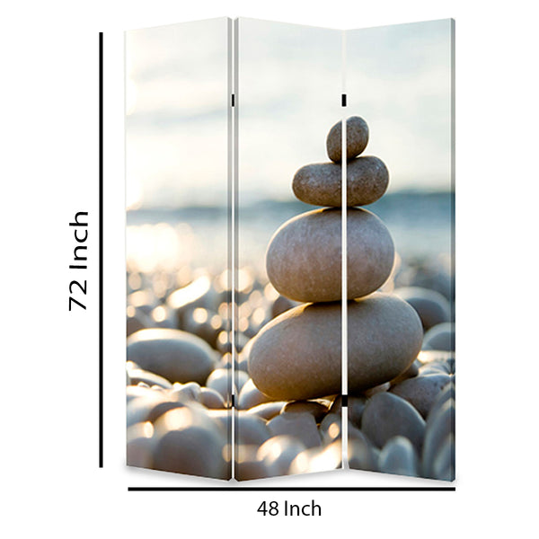 3 Panel Foldable Canvas Screen with Pebble Print, Brown and White - BM26517