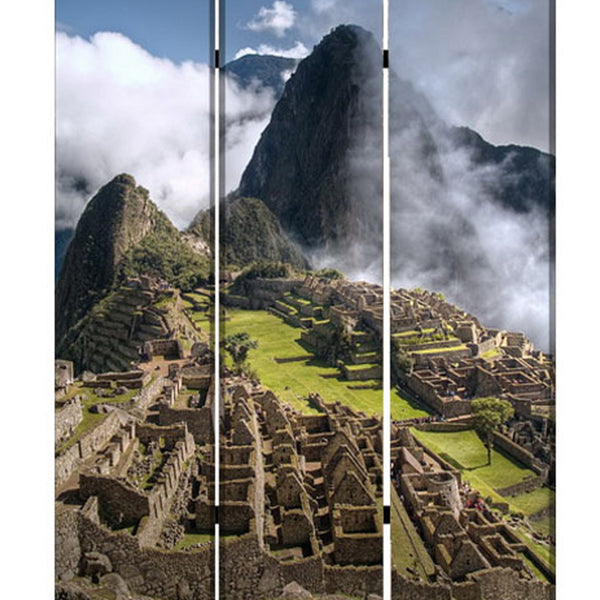 3 Panel Foldable Canvas Screen with Machu Picchu Print, Multicolor - BM26527