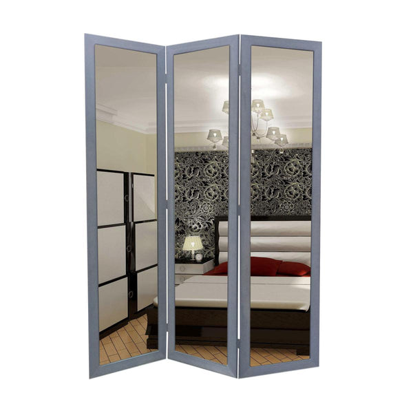 3 Panel Wooden Foldable Mirror Encasing Room Divider,Light Gray and Silver - BM26591