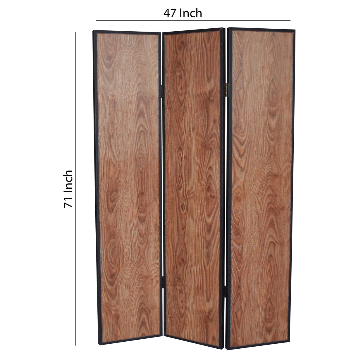 3 Panel Foldable Wooden Screen with Grain Details, Brown - BM26601