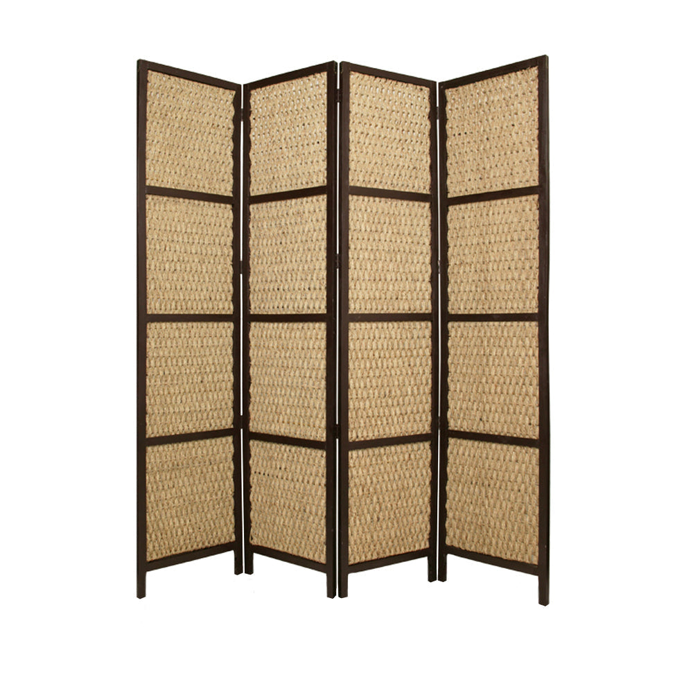 4 Panel Wooden Framed Screen with Sea Grass Woven Design, Brown - BM26655