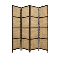 4 Panel Wooden Framed Screen with Sea Grass Woven Design, Brown - BM26655