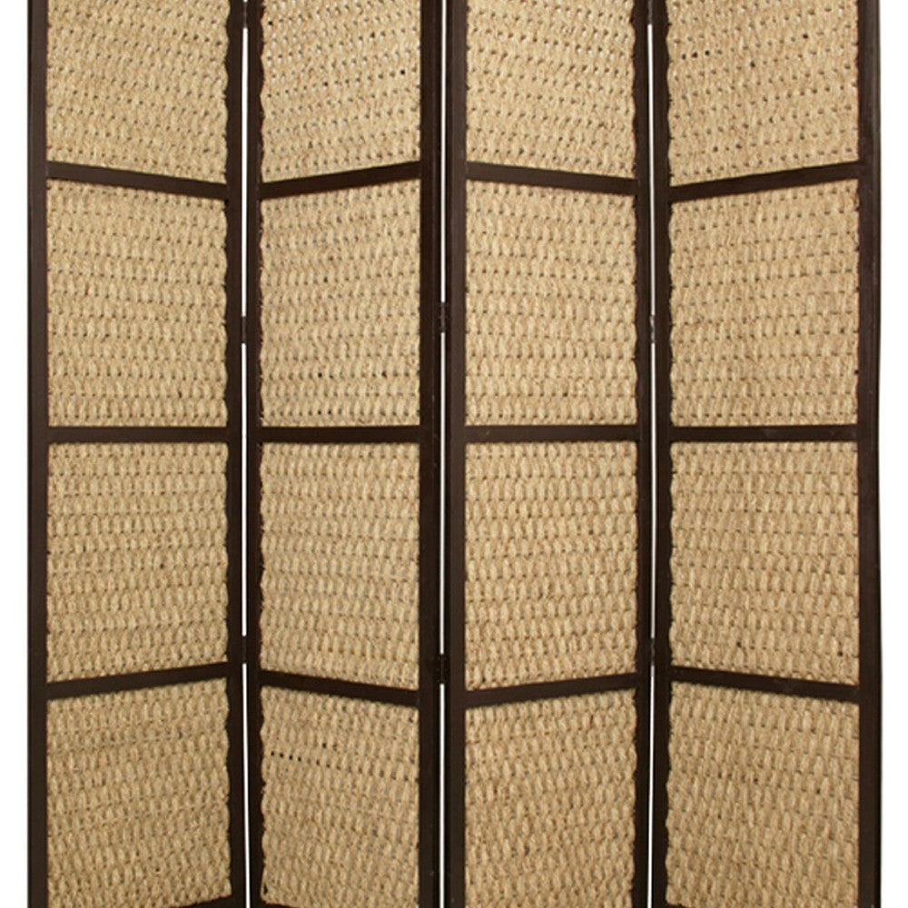 4 Panel Wooden Framed Screen with Sea Grass Woven Design, Brown - BM26655