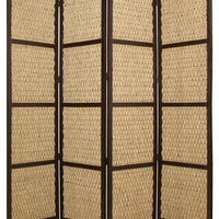 4 Panel Wooden Framed Screen with Sea Grass Woven Design, Brown - BM26655