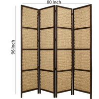 4 Panel Wooden Framed Screen with Sea Grass Woven Design, Brown - BM26655
