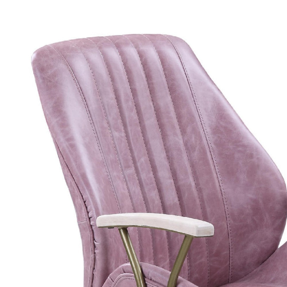 Office Chair with Leather Seat and Channel Stitching, Pink - BM268973