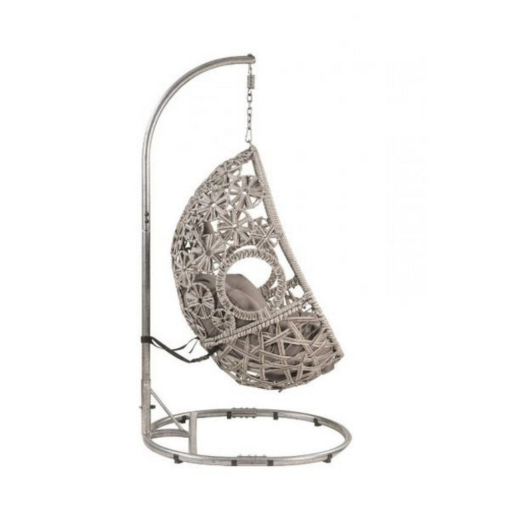 Patio Hanging Chair with Open Circular Motifs and Wicker Frame, Gray - BM269035