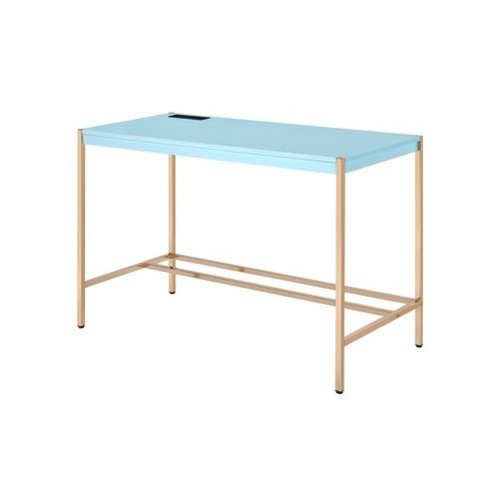 Writing Desk with USB Dock and Metal Legs, Sky Blue and Gold - BM269053