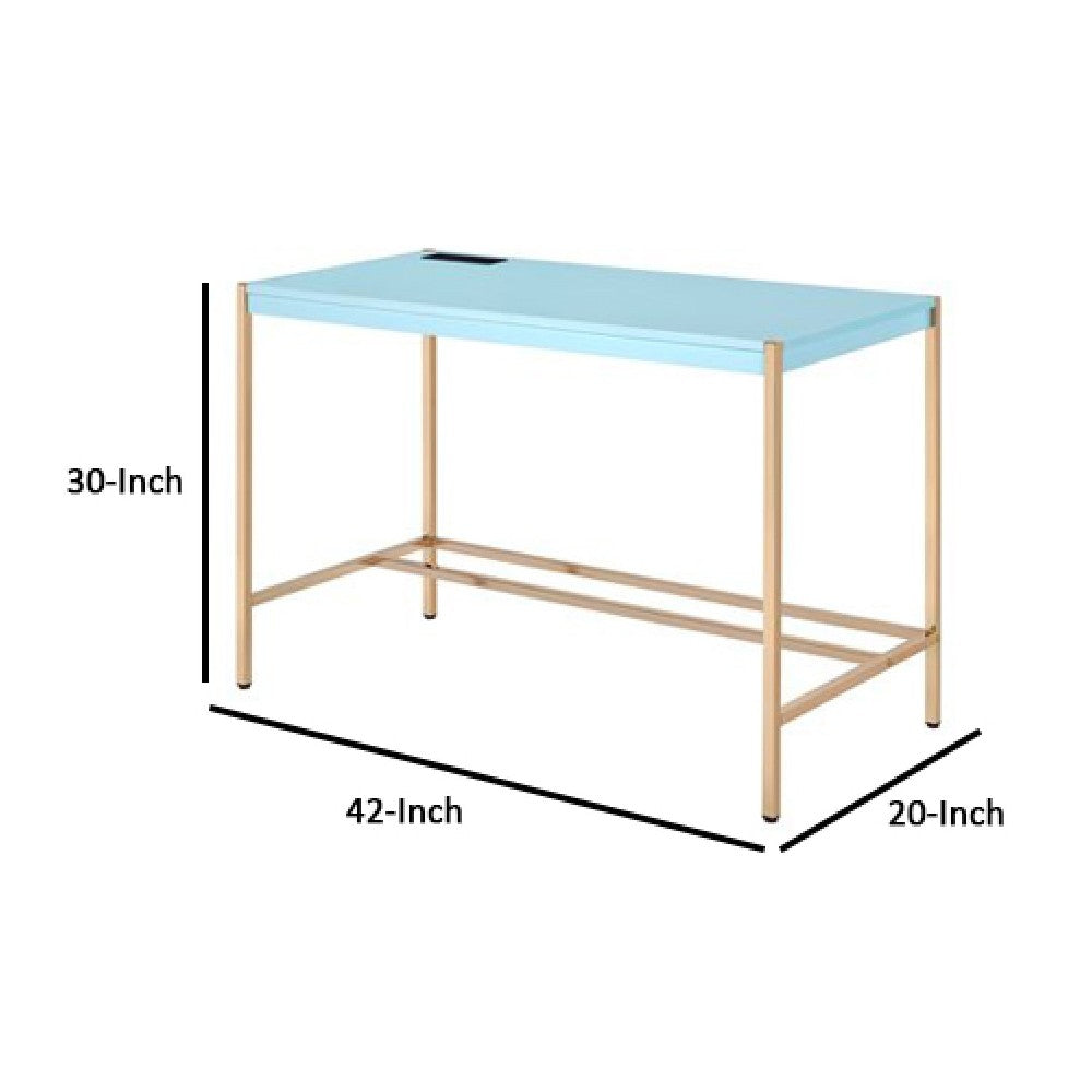 Writing Desk with USB Dock and Metal Legs, Sky Blue and Gold - BM269053