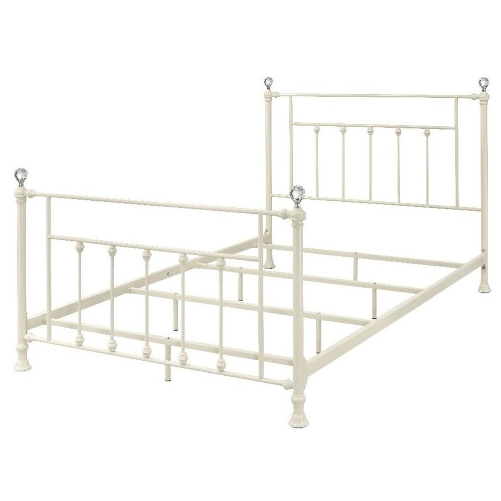 Metal Queen Bed with Spindle Design and Crystal Accents, White - BM269068