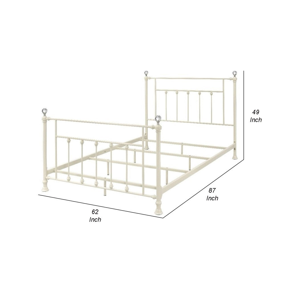 Metal Queen Bed with Spindle Design and Crystal Accents, White - BM269068