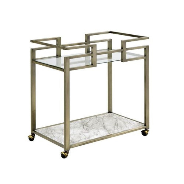 2 Tier Serving Cart with Faux Marble and Metal Frame, Silver - BM269069