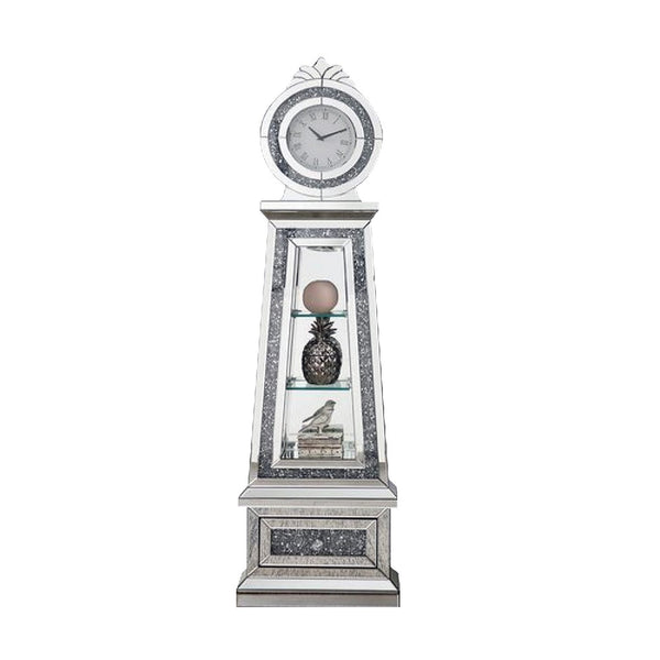Mirrored Grandfather Clock with 3 Open Compartments, Silver - BM269090