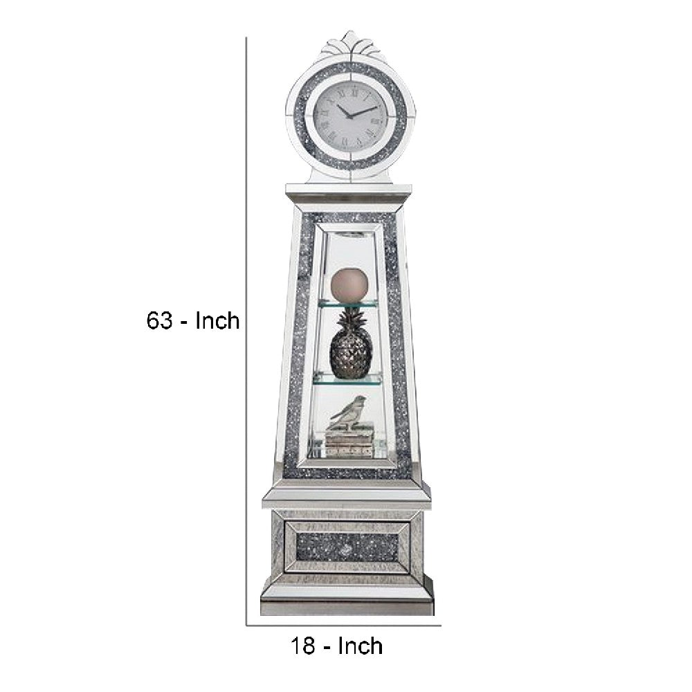 Mirrored Grandfather Clock with 3 Open Compartments, Silver - BM269090