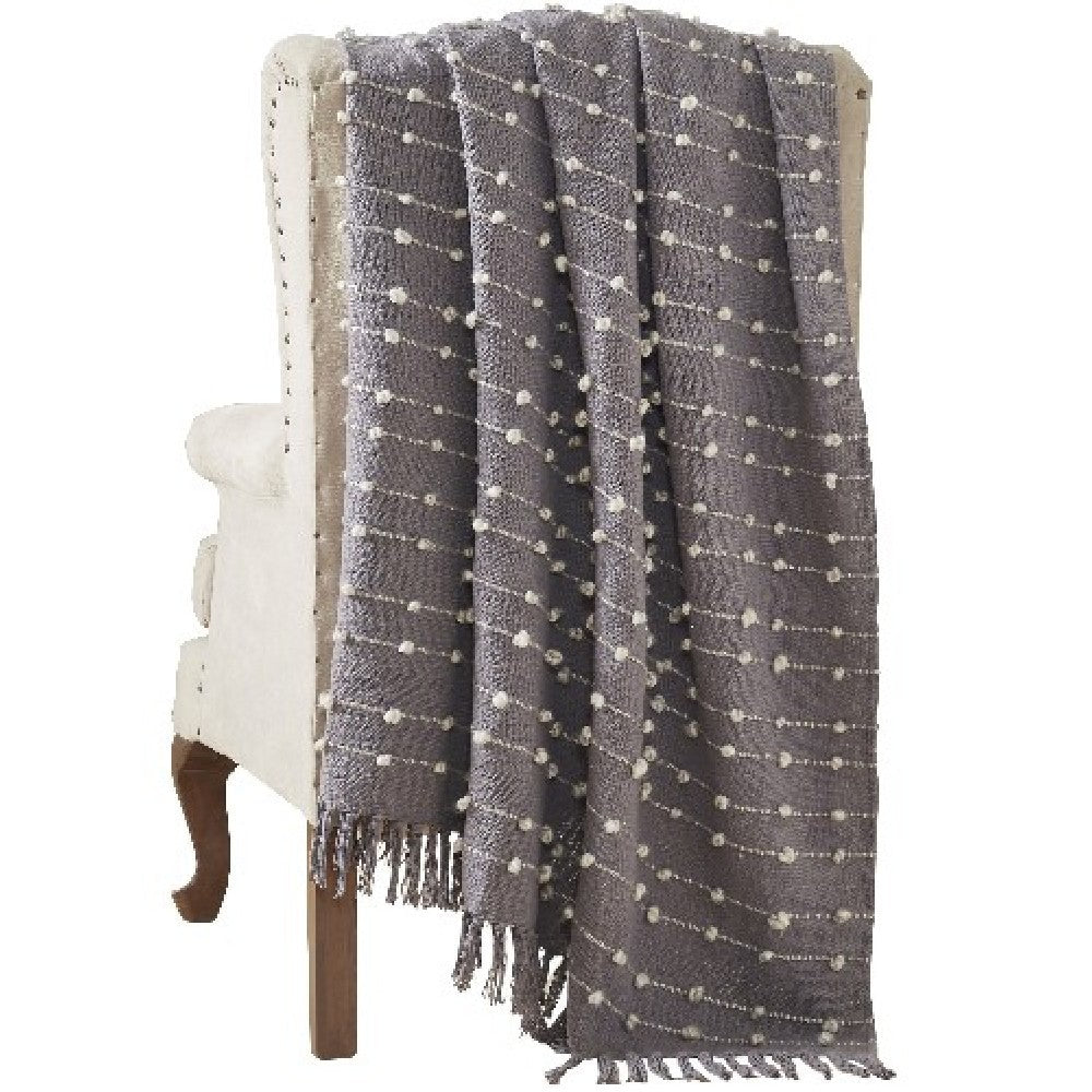 Veria 60 x 70 Cotton Throw with Pompom Stripe Design  Gray - BM269182