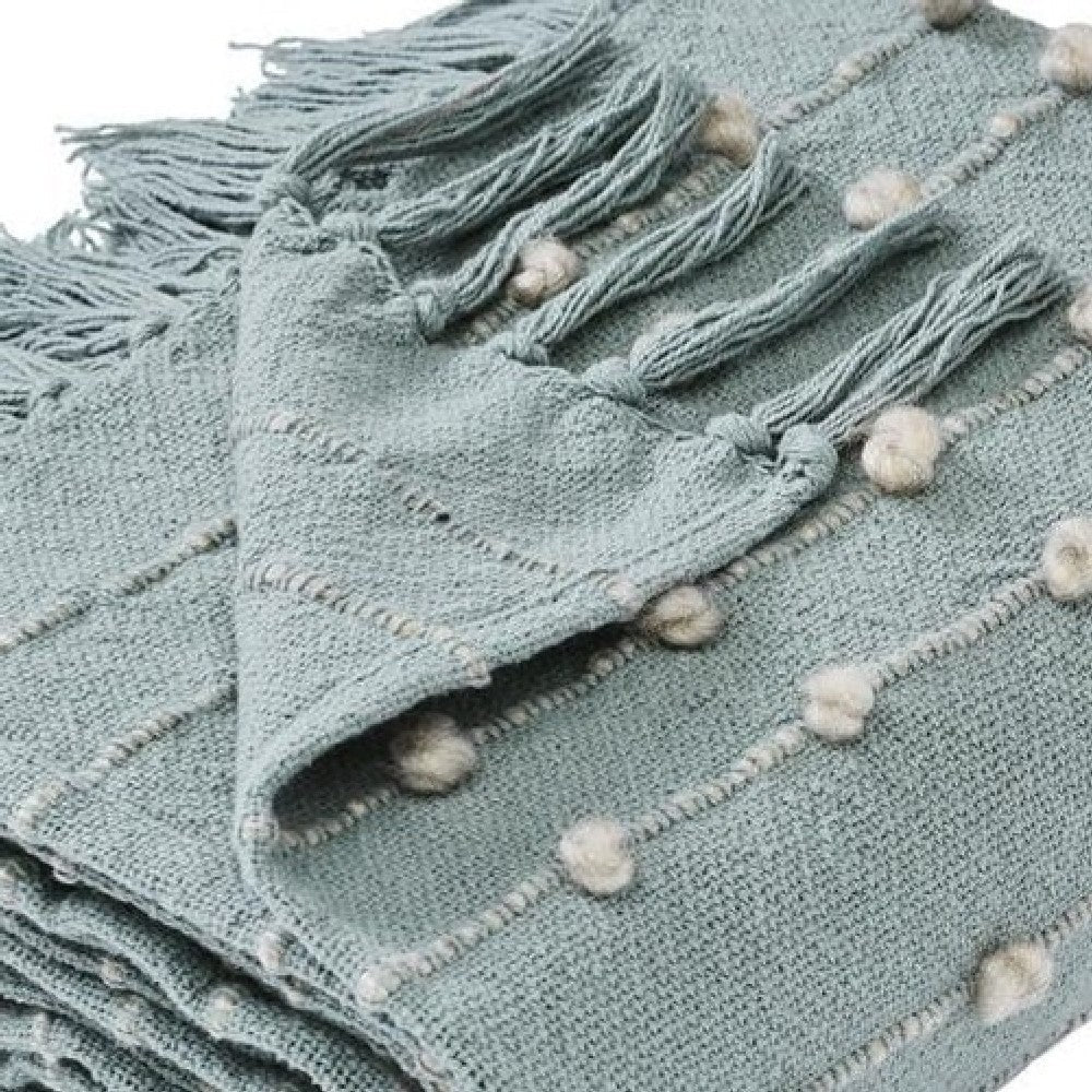 Veria 60 x 70 Cotton Throw with Pompom Stripe Design The Urban Port,Mint Green - BM269183