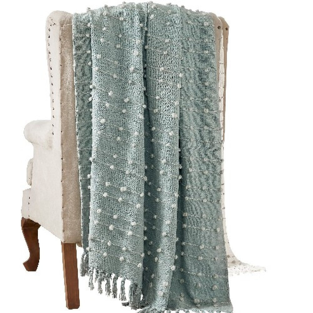 Veria 60 x 70 Cotton Throw with Pompom Stripe Design Mint Green - BM269183