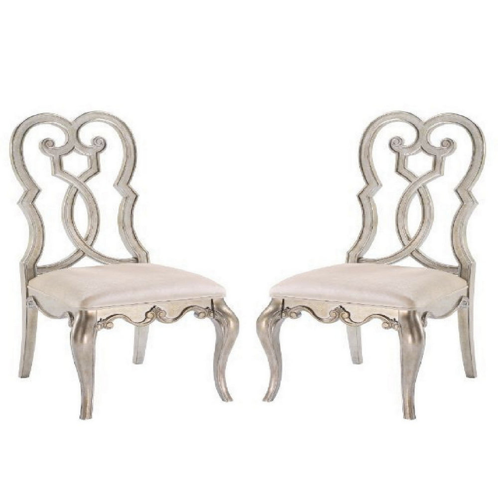 Side Chair with Wooden Scrolled Design Back, Set of 2, Beige - BM269208