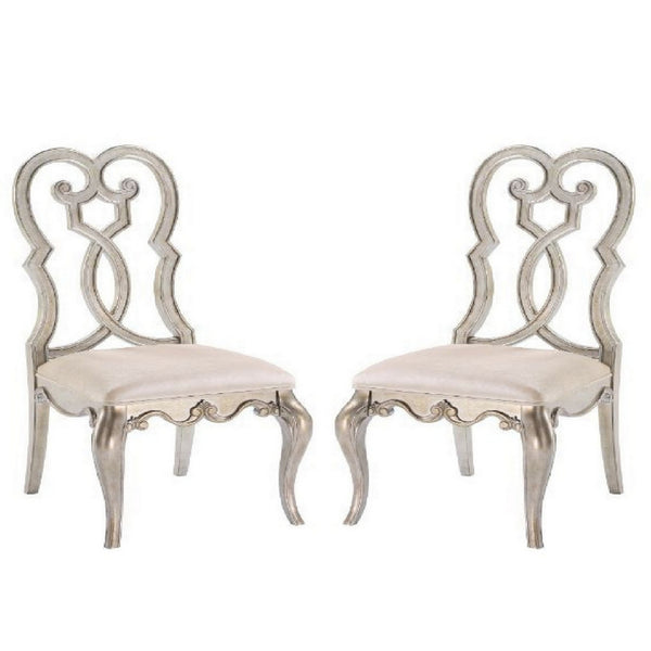 Side Chair with Wooden Scrolled Design Back, Set of 2, Beige - BM269208