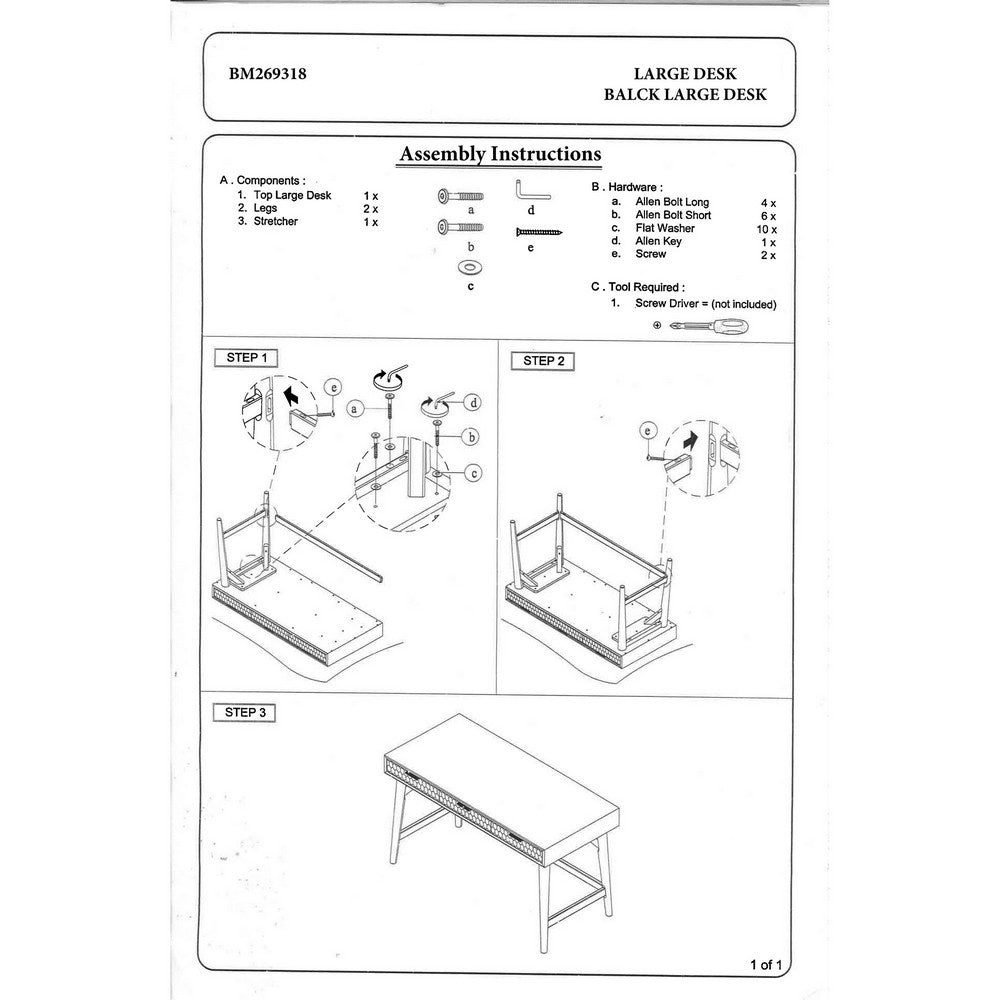 Writing Desk with 3 Drawers and Wooden Frame, White - BM269318