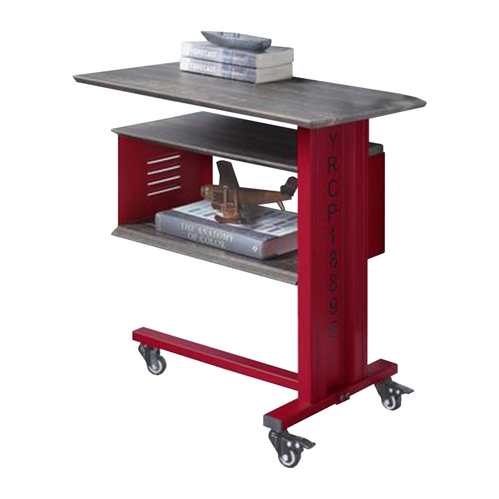 benzara Accent Table with Metal Cargo Style and 3 Caster Wheels Red - BM269579