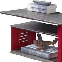 Accent Table with Metal Cargo Style and 3 Caster Wheels, Red - BM269579