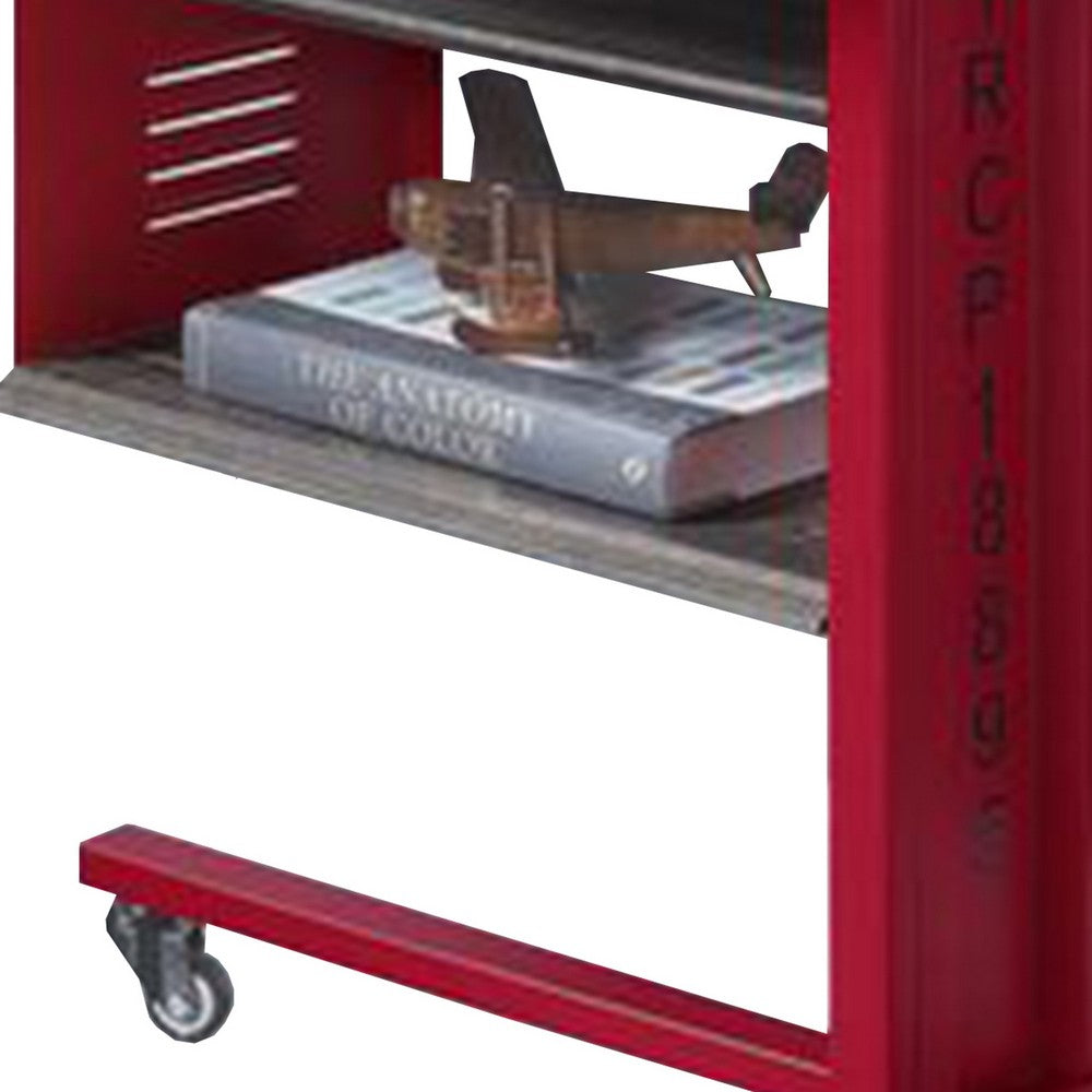 Accent Table with Metal Cargo Style and 3 Caster Wheels, Red - BM269579