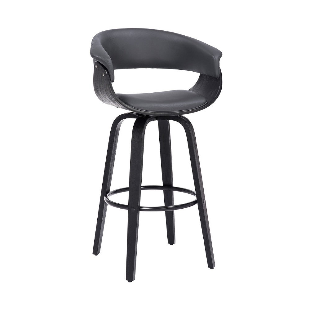 26 Inch Swivel Faux Leather Barstool with Curved Open Back, Gray - BM269991