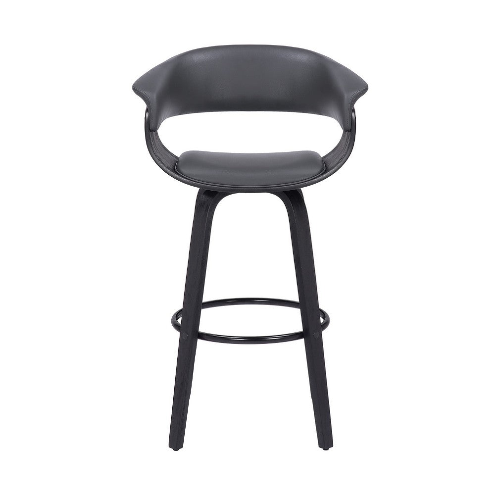26 Inch Swivel Faux Leather Barstool with Curved Open Back, Gray - BM269991