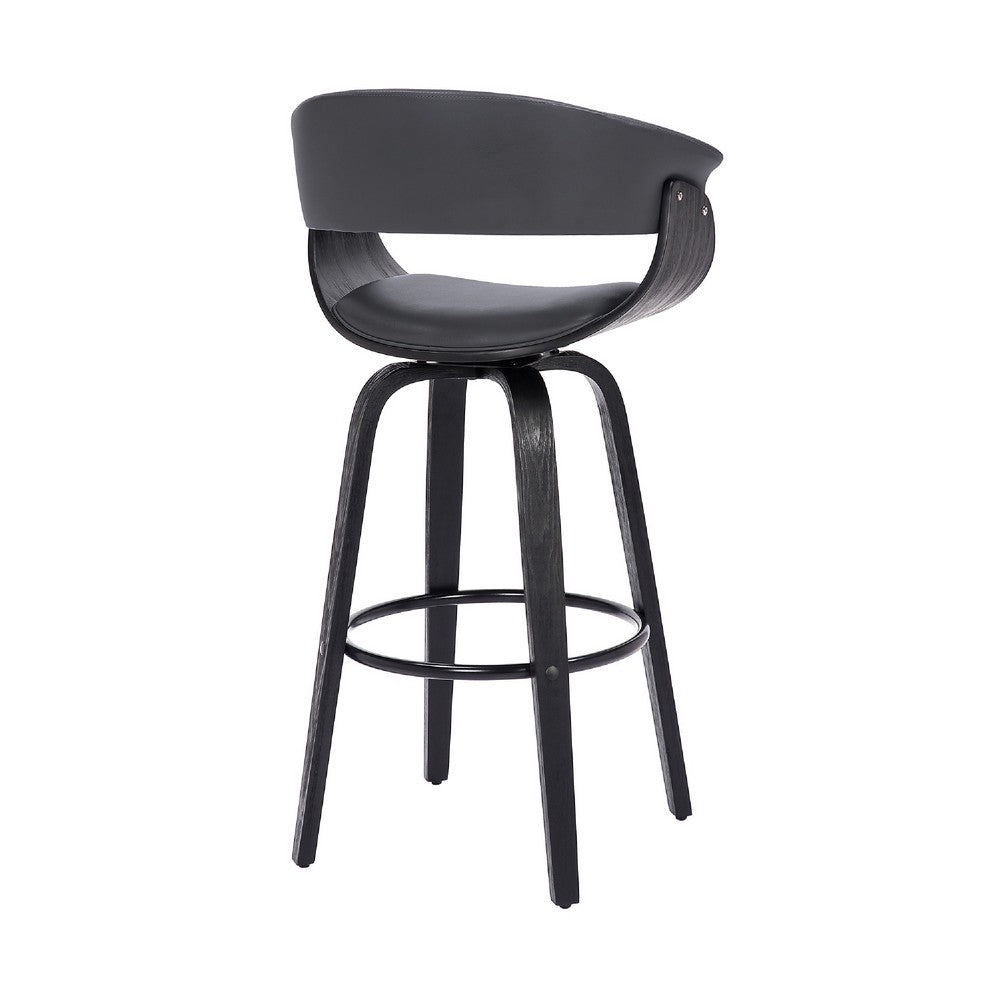 26 Inch Swivel Faux Leather Barstool with Curved Open Back, Gray - BM269991