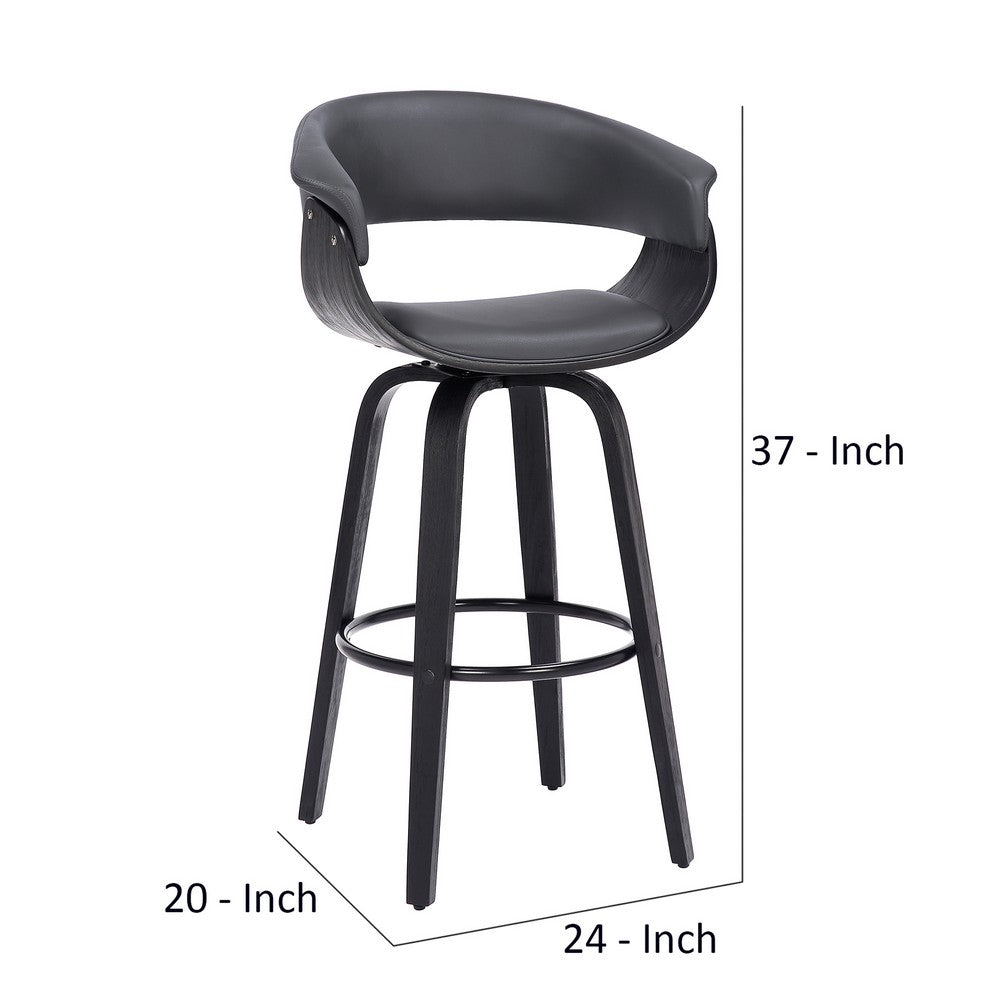 26 Inch Swivel Faux Leather Barstool with Curved Open Back, Gray - BM269991