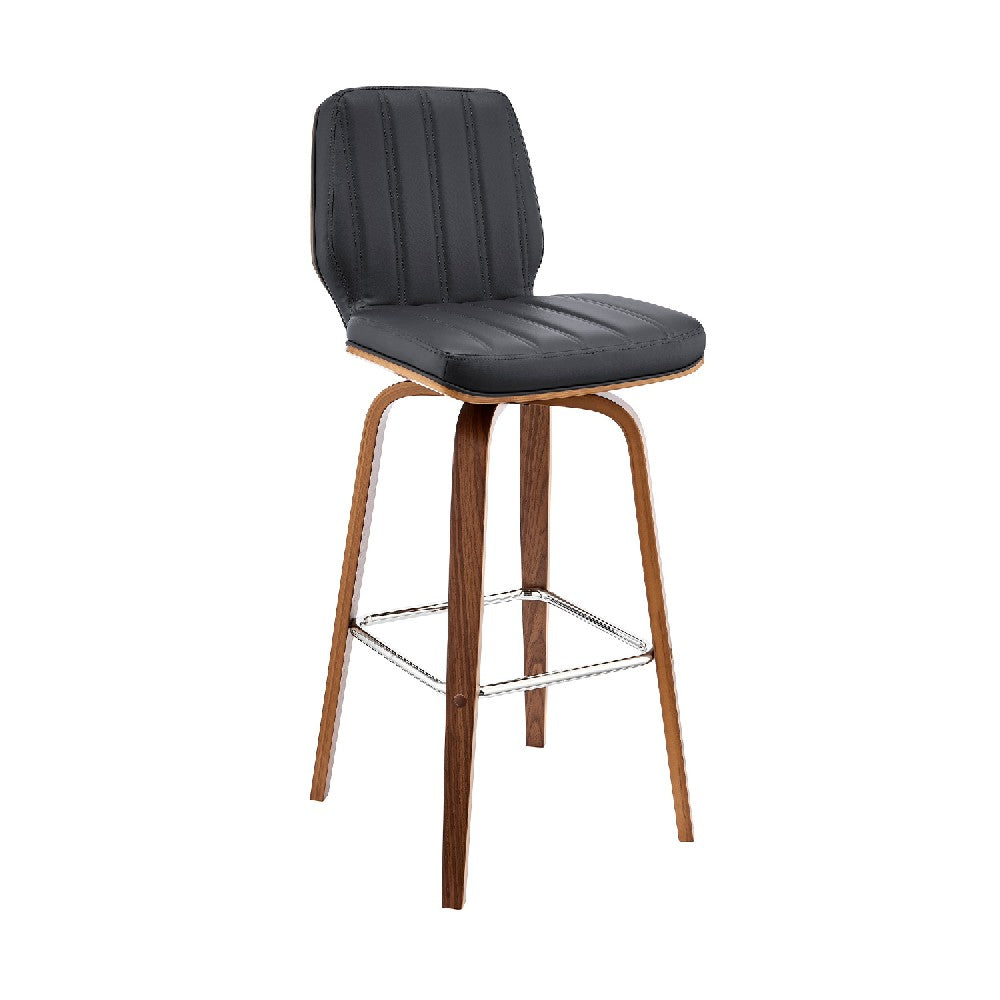 Swivel Barstool with Channel Stitching and Wooden Support, Black and Brown - BM270029