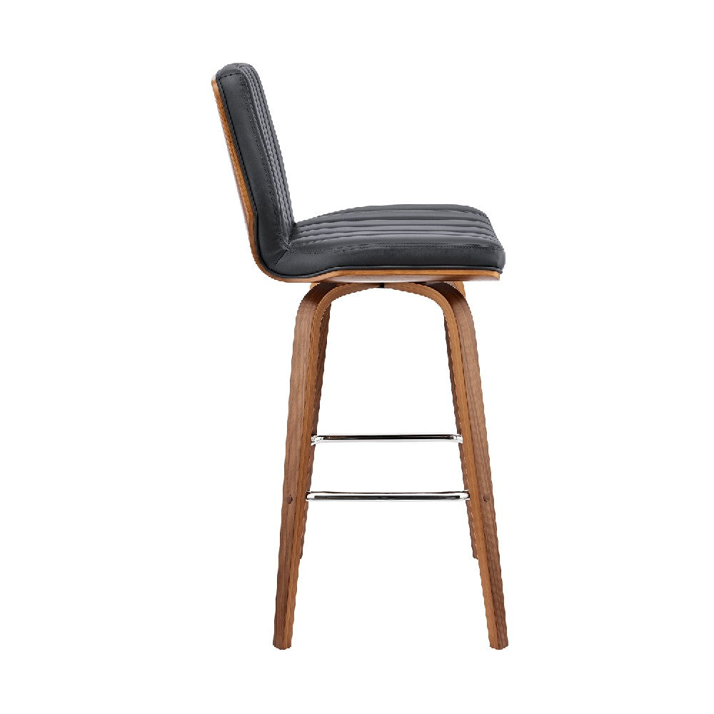 Swivel Barstool with Channel Stitching and Wooden Support, Black and Brown - BM270029