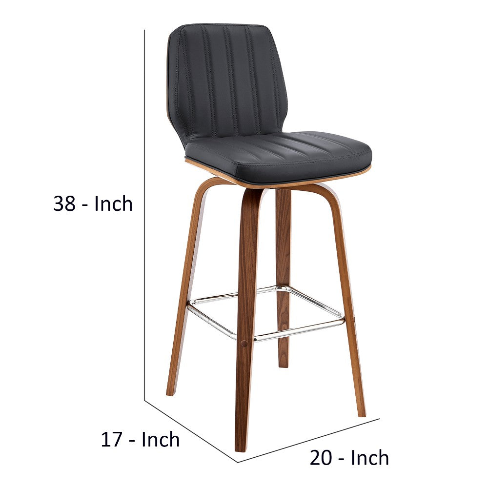 Swivel Barstool with Channel Stitching and Wooden Support, Black and Brown - BM270029