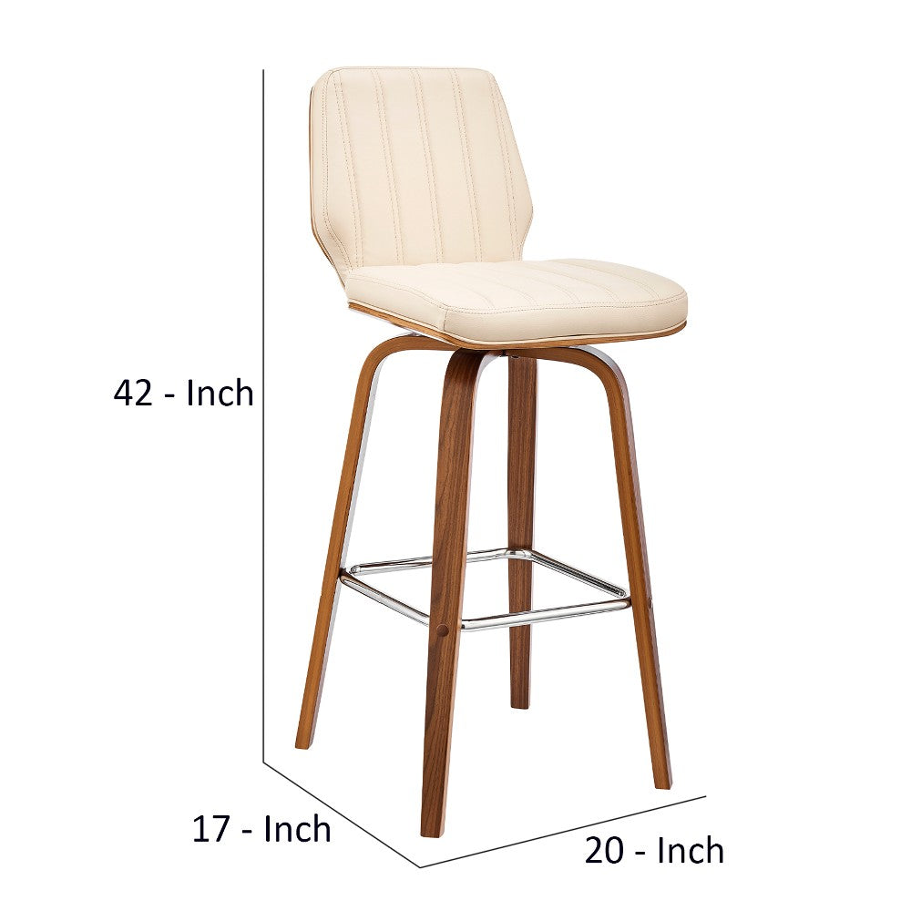 Swivel Barstool with Channel Stitching and Wooden Support, Brown and Cream - BM270030