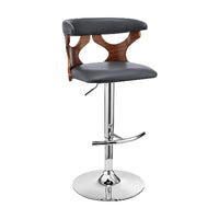 Adjustable Barstool with Curved Cut Out Wooden Back, Brown and Gray - BM270035