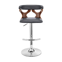 Adjustable Barstool with Curved Cut Out Wooden Back, Brown and Gray - BM270035