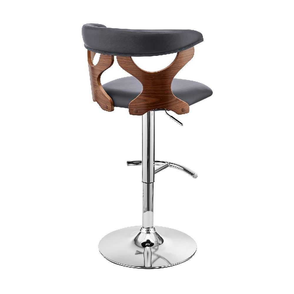 Adjustable Barstool with Curved Cut Out Wooden Back, Brown and Gray - BM270035