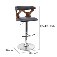 Adjustable Barstool with Curved Cut Out Wooden Back, Brown and Gray - BM270035